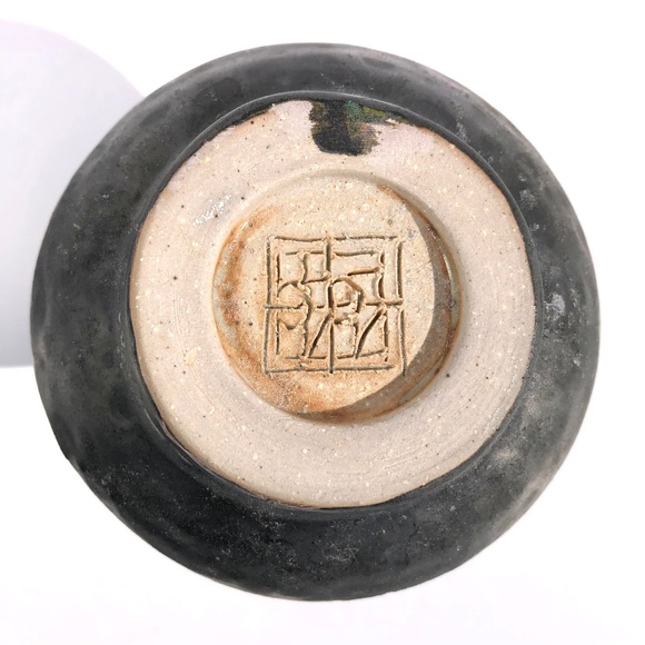 handmade pottery vase raku vessel leaves brown black blue drip 4 inches tall - Picture 15 of 16